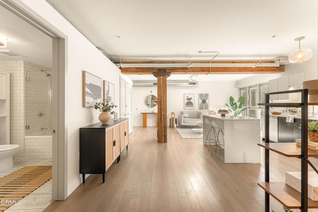 basement featuring light hardwood / wood-style floors