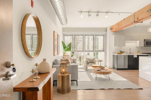 interior space featuring sink and light hardwood / wood-style floors