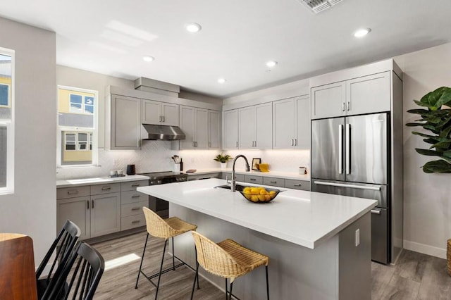 kitchen with a breakfast bar, light wood-type flooring, stainless steel appliances, and a kitchen island with sink