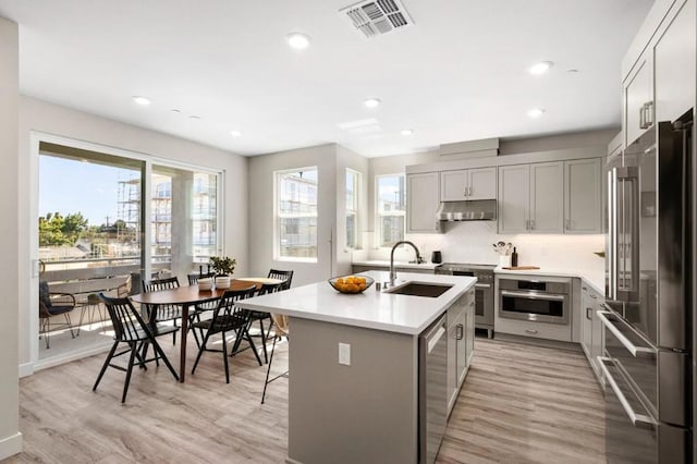 kitchen featuring premium appliances, an island with sink, light hardwood / wood-style floors, sink, and gray cabinetry