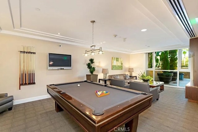 recreation room with a tray ceiling, carpet floors, baseboards, recessed lighting, and pool table