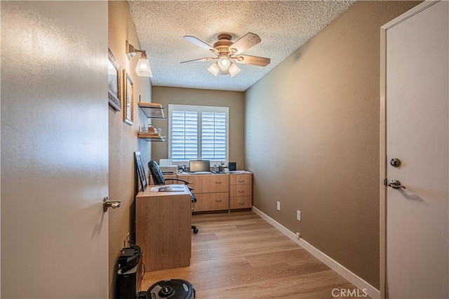 home office featuring a textured ceiling, ceiling fan, and light wood-type flooring