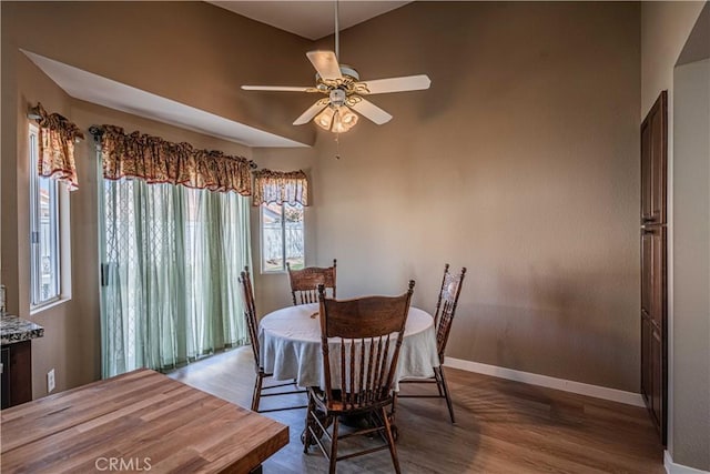 dining room with ceiling fan and hardwood / wood-style flooring