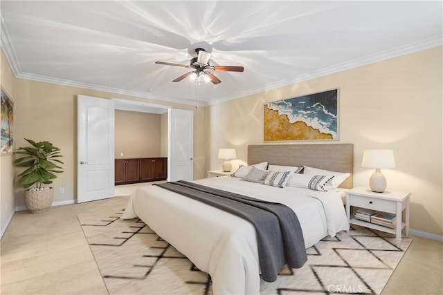 bedroom featuring ceiling fan, light carpet, and crown molding