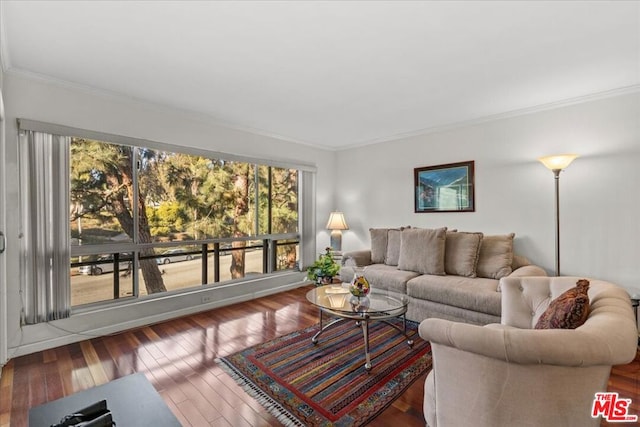 living room featuring dark wood-type flooring and ornamental molding