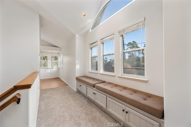 corridor featuring vaulted ceiling and light carpet