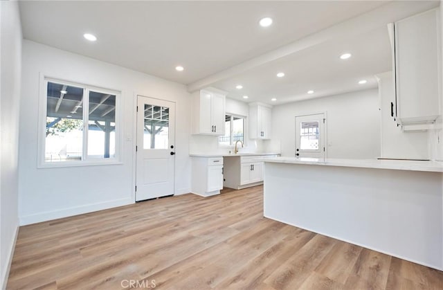 kitchen featuring beam ceiling, kitchen peninsula, sink, white cabinetry, and light wood-type flooring