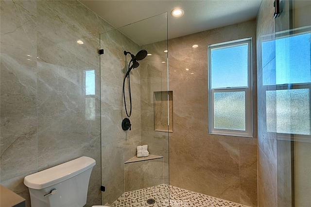 bathroom with a healthy amount of sunlight, a tile shower, and toilet