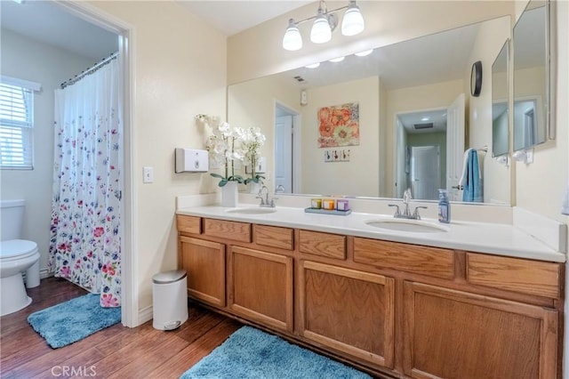 bathroom with toilet, wood-type flooring, and vanity