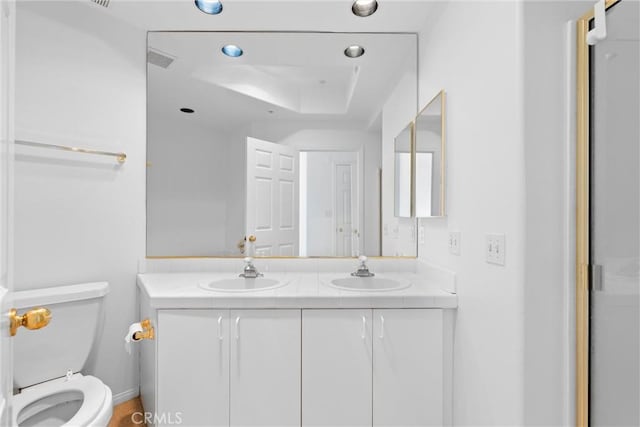 bathroom with vanity, an enclosed shower, a tray ceiling, and toilet