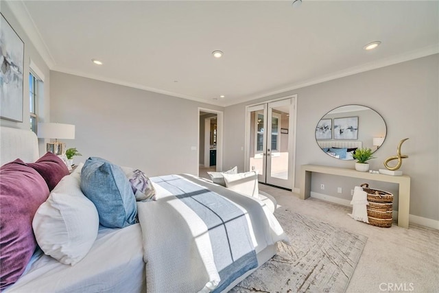 bedroom with french doors, light colored carpet, ornamental molding, and access to outside