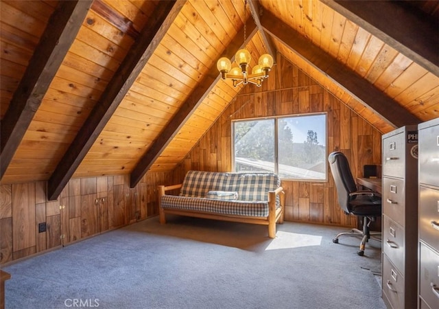 unfurnished bedroom featuring wood ceiling, vaulted ceiling with beams, wood walls, a notable chandelier, and carpet flooring