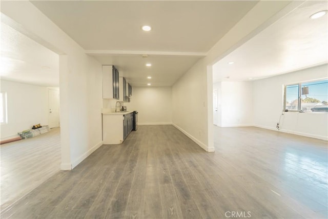 unfurnished living room with wood-type flooring and sink