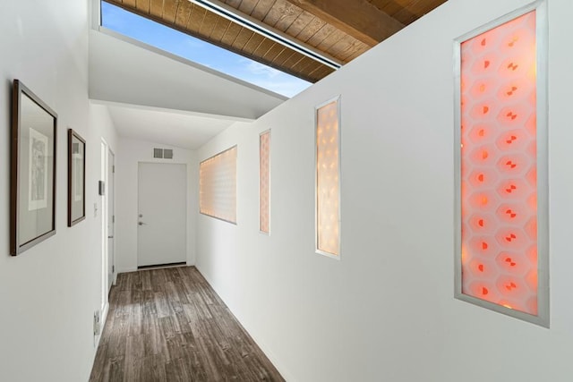 hall featuring lofted ceiling with beams, wood-type flooring, and wood ceiling