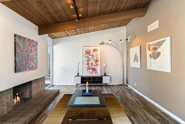 unfurnished living room featuring wood ceiling, beam ceiling, a fireplace, and dark hardwood / wood-style floors