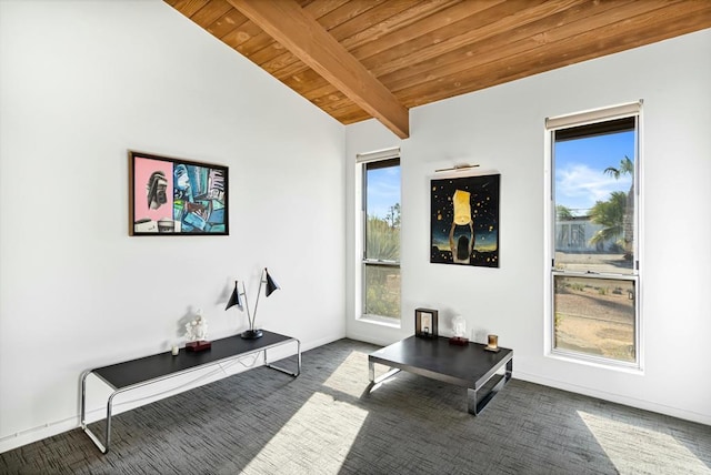 living area with wooden ceiling, a wealth of natural light, carpet flooring, and vaulted ceiling with beams