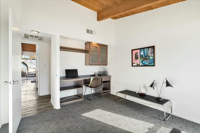 home office featuring wood ceiling and beam ceiling