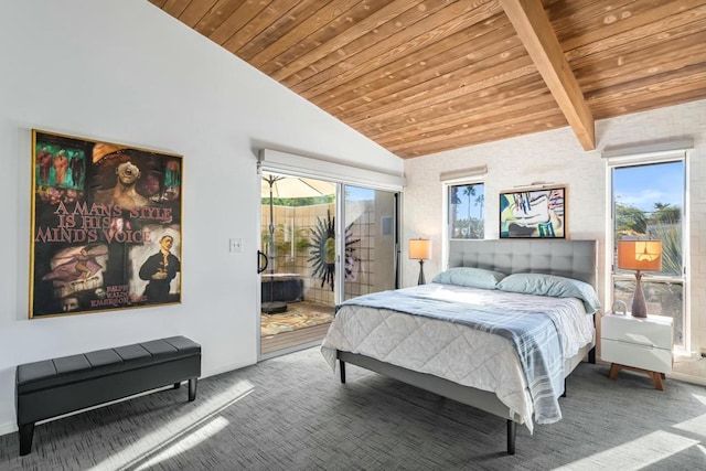 bedroom with wooden ceiling, access to exterior, vaulted ceiling with beams, and carpet floors