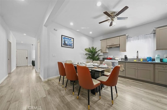 dining space featuring ceiling fan, sink, and light hardwood / wood-style flooring