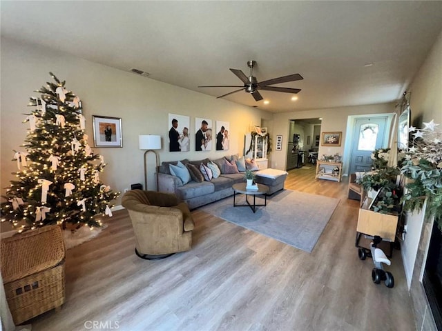 living room featuring ceiling fan and wood-type flooring