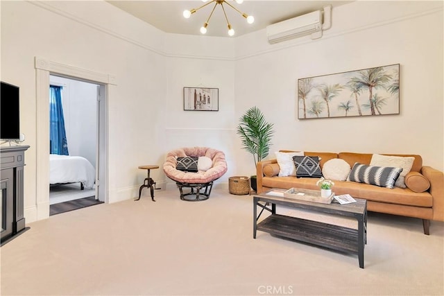 carpeted living area with a chandelier and a wall mounted AC