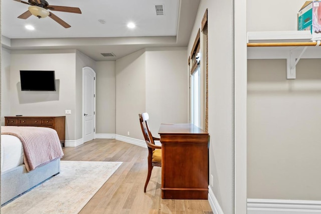 bedroom featuring ceiling fan and light wood-type flooring