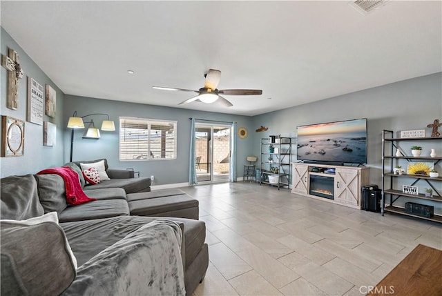 living room featuring ceiling fan