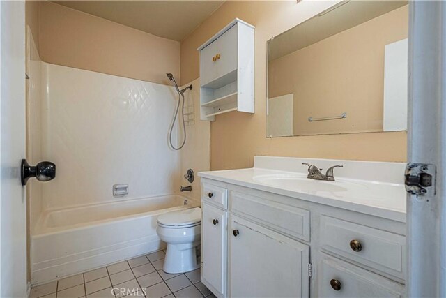 full bathroom with toilet, shower / bath combination, vanity, and tile patterned floors