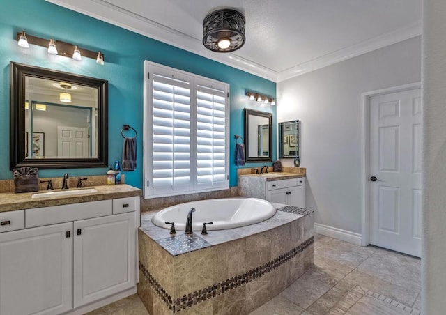 bathroom featuring tiled bath, tile patterned floors, vanity, and ornamental molding