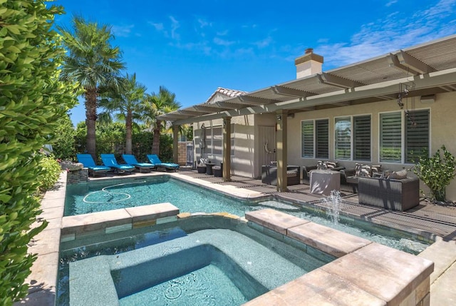 view of pool featuring an outdoor living space, a pergola, and an in ground hot tub