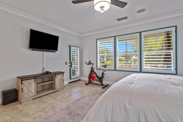 bedroom featuring ceiling fan, ornamental molding, and tile patterned flooring