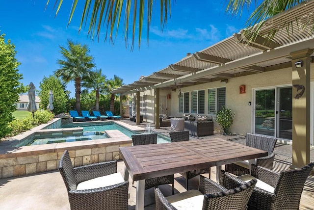 view of swimming pool with an outdoor hangout area, a pergola, a patio area, and an in ground hot tub