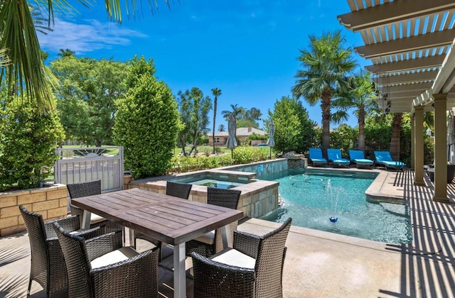 view of pool featuring an in ground hot tub, a patio, and a pergola