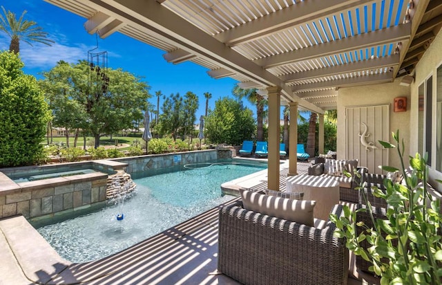 view of swimming pool with an outdoor living space, a pergola, and an in ground hot tub