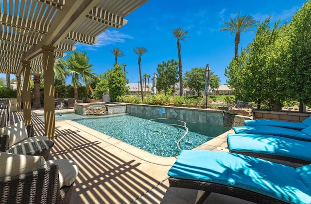 view of swimming pool featuring an in ground hot tub and a pergola