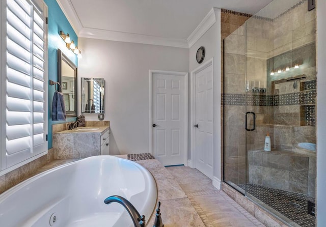 bathroom with independent shower and bath, ornamental molding, and vanity