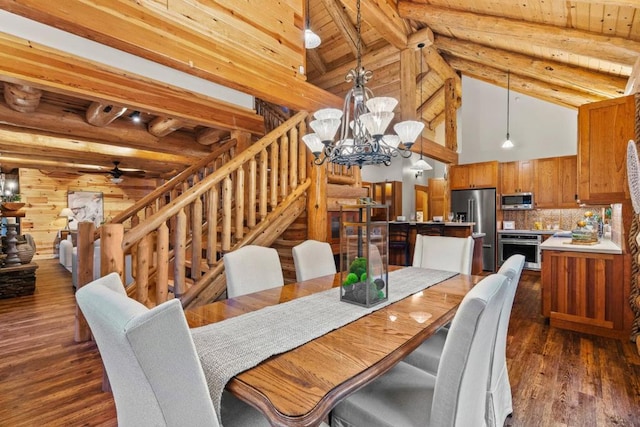 dining space featuring beam ceiling, wood ceiling, and dark hardwood / wood-style floors