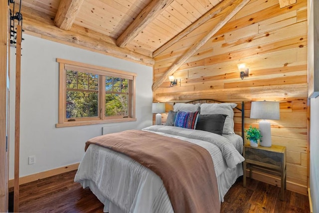 bedroom featuring wooden ceiling, dark hardwood / wood-style floors, lofted ceiling with beams, and wooden walls