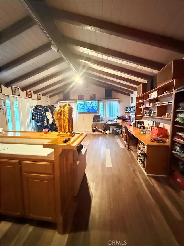 bonus room with wooden ceiling, wood-type flooring, and vaulted ceiling with beams