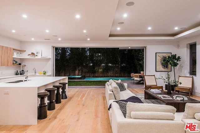 living room with light hardwood / wood-style floors, sink, and a raised ceiling