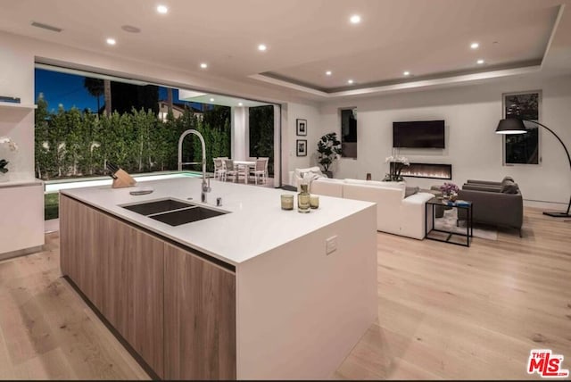 kitchen featuring light wood-type flooring, a kitchen island with sink, sink, and a tray ceiling