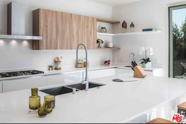 kitchen with sink, wall chimney range hood, and gas cooktop