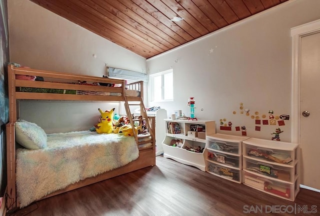 bedroom featuring wood ceiling, lofted ceiling, and hardwood / wood-style flooring