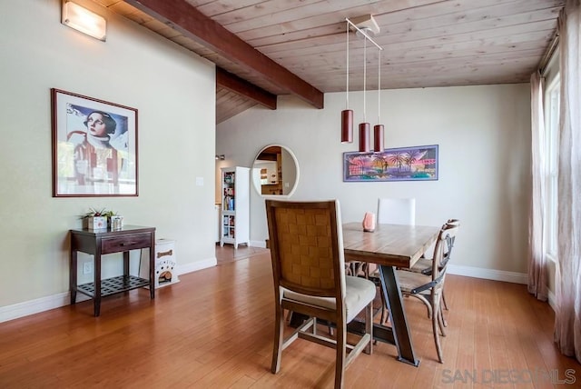 dining area featuring lofted ceiling with beams, hardwood / wood-style floors, and wooden ceiling