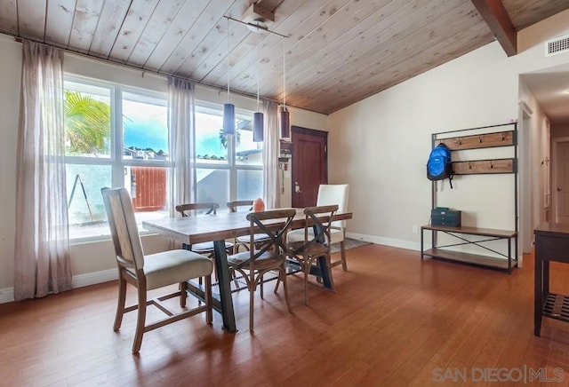 dining space featuring vaulted ceiling, a healthy amount of sunlight, and wood ceiling