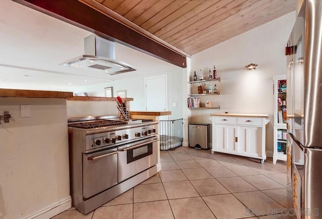 kitchen featuring light tile patterned floors, wood ceiling, vaulted ceiling with beams, stainless steel appliances, and extractor fan