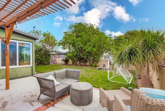 view of patio / terrace featuring a pergola and outdoor lounge area