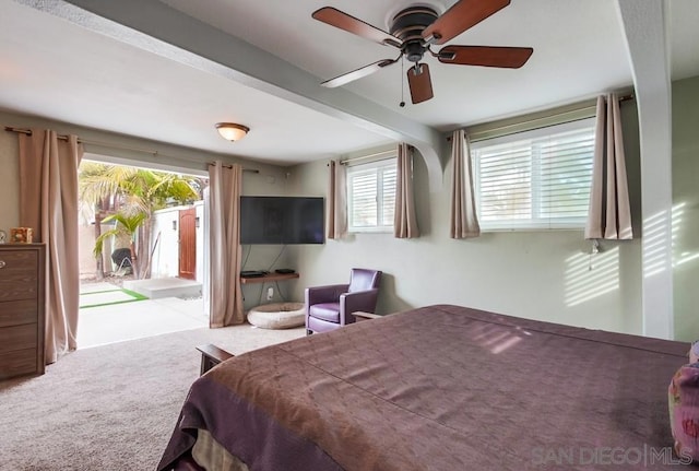 bedroom featuring ceiling fan, light carpet, and access to outside