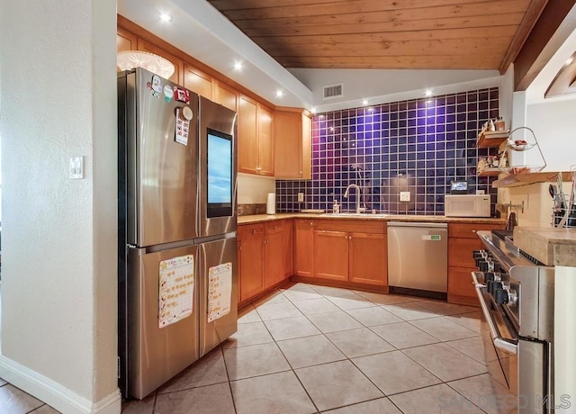 kitchen with stainless steel appliances, vaulted ceiling, sink, and wooden ceiling