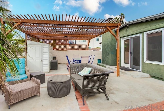 view of patio / terrace featuring a storage unit, an outdoor hangout area, and a pergola